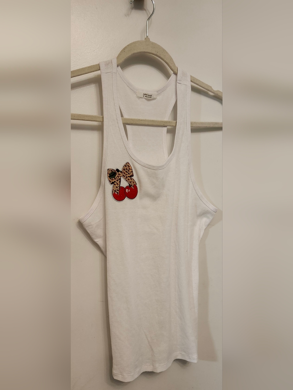 Hand Crafted White Tank Top with Red Cherry Patch -